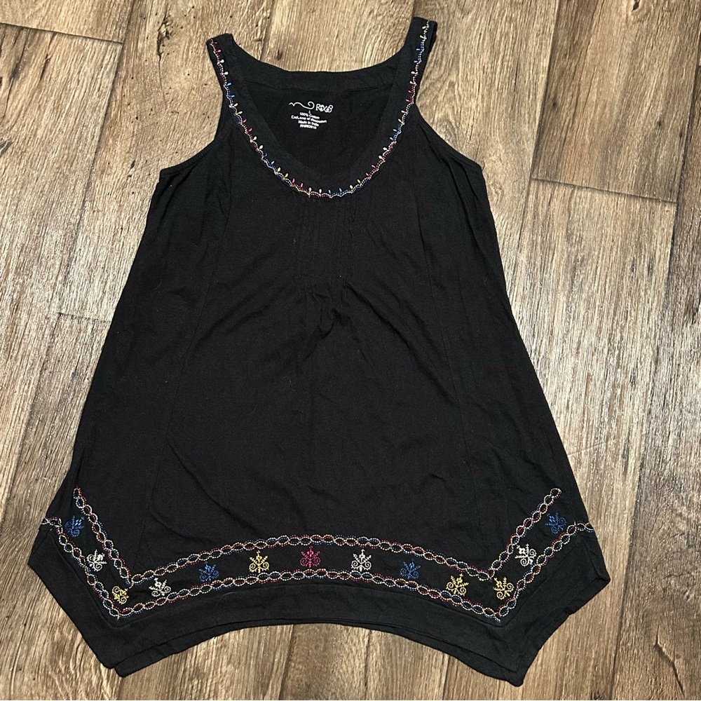 Rxb Black Embroidered Handkerchief Sleeveless Tunic Lagen Boho Cottage Summer L